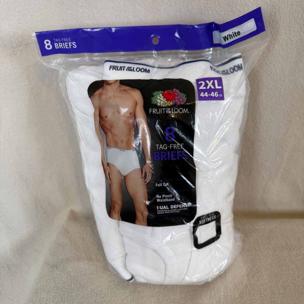 Fruit of the Loom Mens 8 Pack Tag-Free Briefs White 2XL Full Cut SV8P76X